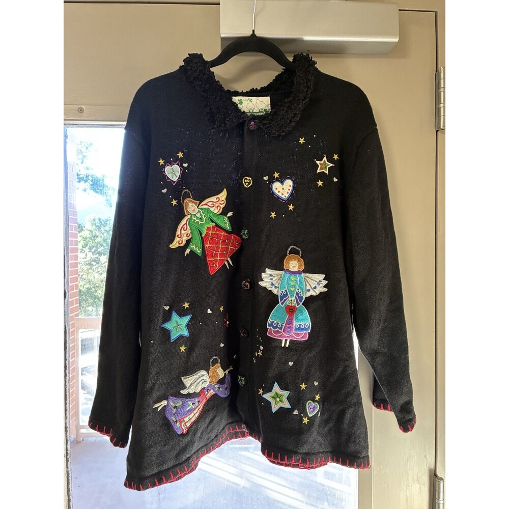 Quacker Factory Black Button-Up Cardigan Angels & Hearts Sweater Size 2X